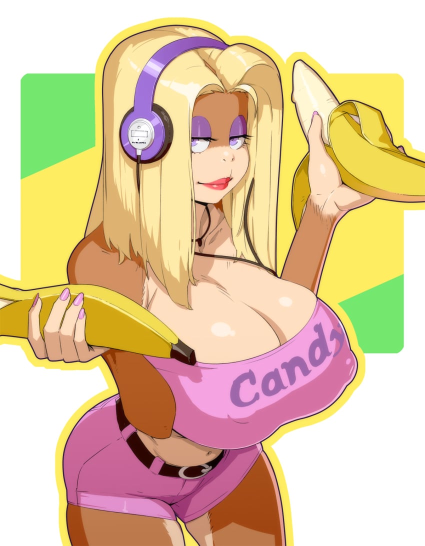 1girls anthro banana big_ass big_breasts blonde_hair booty_shorts candy_kong donkey_kong_(series) eyeshadow headphones hi_res huge_breasts lipstick looking_at_viewer mascara materclaws nintendo nipples nipples_visible_through_clothing phallic_food phallic_symbol pink_nails seductive seductive_look tank_top thick_thighs