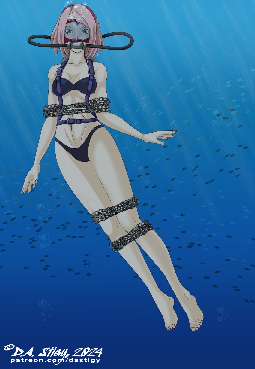 1girls 5_toes barefoot bikini bikini_bottom bikini_top black_bikini black_bikini_bottom bondage boruto:_naruto_next_generations damsel_in_distress dastigy feet female female_only green_eyes heroine_in_trouble jewel_on_forehead milf naruto naruto_(series) peril pink_hair sakura_haruno scuba scuba_gear scuba_mask scuba_tank soles solo solo_female solo_only toes underwater underwater_peril