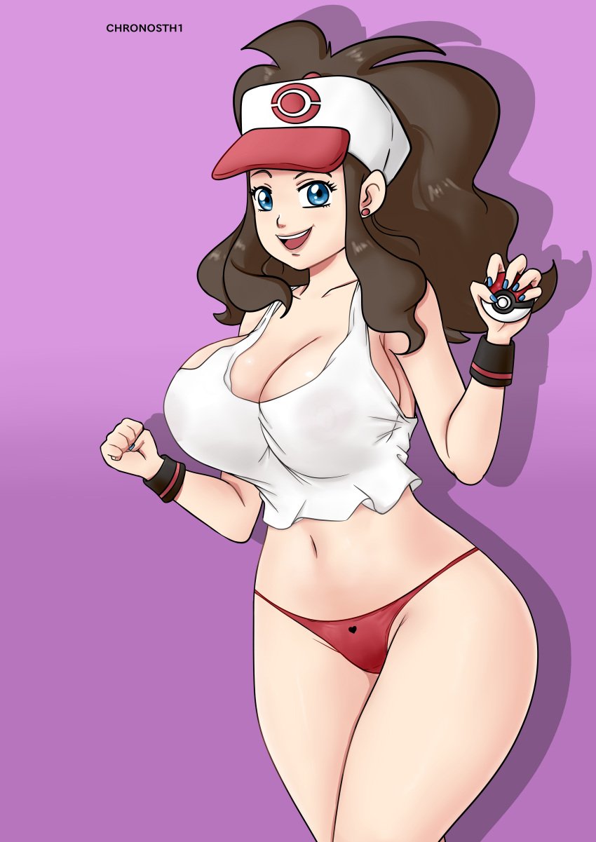 1girls 2020s 2022 alternate_body_type alternate_breast_size big_breasts blue_eyes breasts brown_hair busty child_bearing_hips chronosth1 cleavage creatures_(company) curvy game_freak gummslime hat highres hilda_(pokemon) hips large_breasts long_hair looking_at_viewer midriff navel nintendo no_bra no_shorts open_mouth pokeball pokemon ponytail shorts shorts_removed smile solo tank_top thick_thighs thighs thong wide_hips