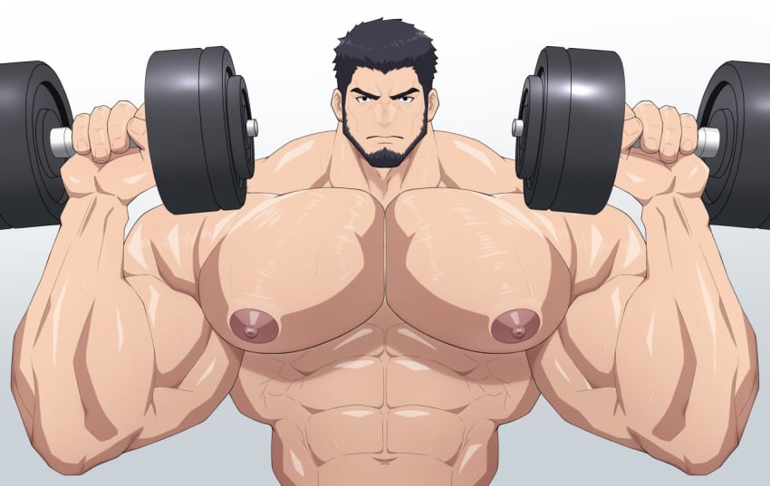 1boy abs bara beard biceps black_hair dumbbell facial_hair kishitoru large_pectorals lifting looking_at_viewer male male_focus male_only muscular muscular_arms muscular_male nipples pecs pectorals short_hair simple_background solo solo_male weights