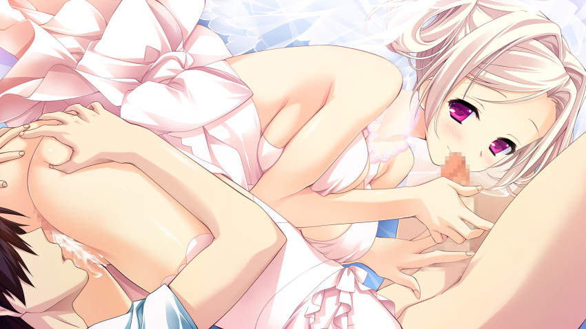 1boy 69 ass ass_grab bare_shoulders breasts censored cum dress female frills game_cg hair_intakes hair_up highres kitsuki_riho koisuru_natsu_no_last_resort large_breasts marui_(koedame) pink_hair purple_eyes smile thighhighs wedding_dress