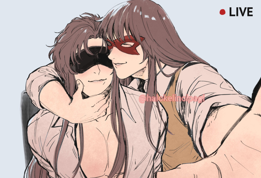 2boys arms_behind_back blush brown_hair class_3-z closed_eyes domino_mask dual_persona eye_mask gay gintama halokelincipagi livestream long_hair long_hair_male male male_only mask open_shirt recording school_uniform selfcest smile upper_body utsuro_(gintama) yaoi yoshida_shouyo