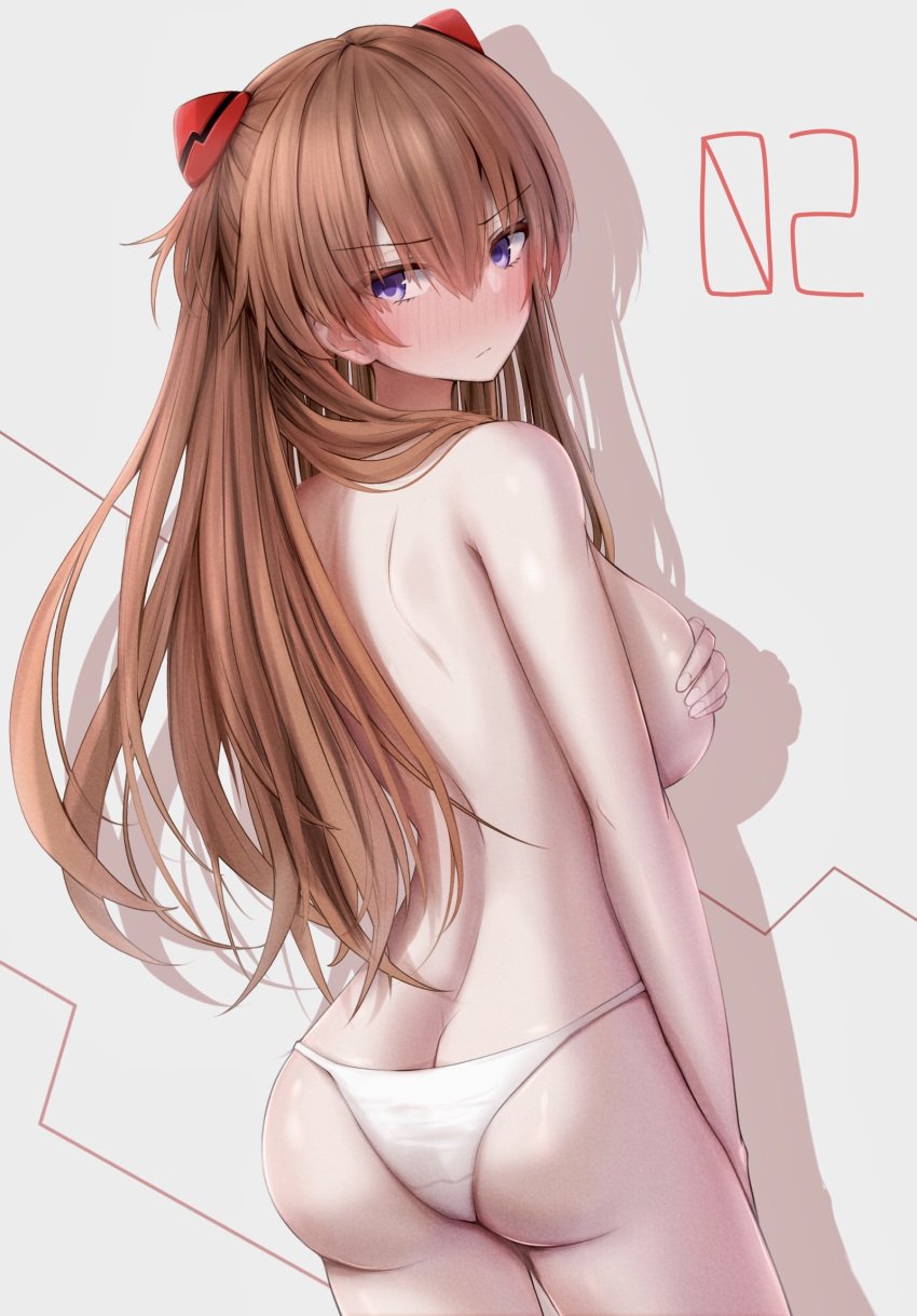 1girls ass asuka_langley_sohryu auburn_hair back_view bangs big_breasts blue_eyes blush blush breasts covering covering_breasts embarrassed embarrassed_female female female_focus female_only from_behind hair_between_eyes large_breasts long_hair looking_at_viewer looking_back metae neon_genesis_evangelion panties panties_only simple_background solo standing underwear underwear_only white_panties