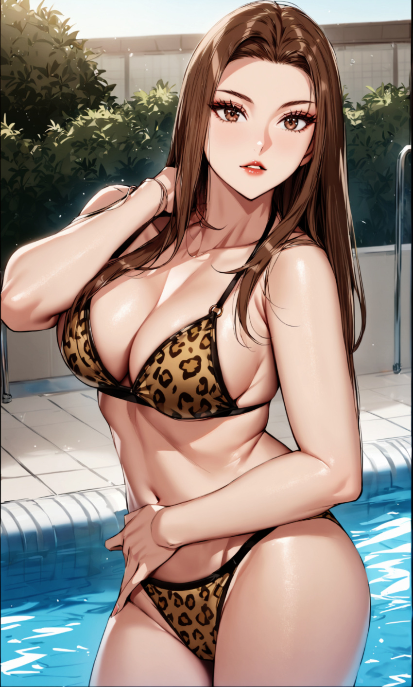 ai_art ai_generated animal_print bikini breasts brown_eyes brown_hair bushes cleavage curvaceous_body curvy_figure female hand_on_neck hand_on_stomach hi_res landlord's_little_daughter large_breasts leopard_print leopard_print_bikini long_hair looking_at_viewer manhwa navel outdoors parted_lips plants posing queen_bee_(manhwa) solo stable_diffusion swimming_pool swimsuit two_piece_swimsuit yoo_dali