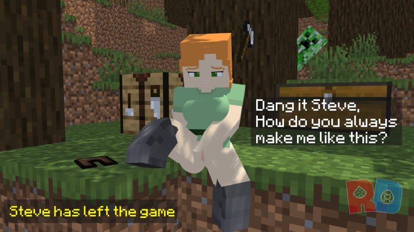 1boy 1girls 3d alex_(minecraft) boots breasts creeper_(minecraft) female female_masturbation fingering_pussy forest green_eyes green_shirt looking_down looking_pleasured masturbation mine-imator minecraft no_panties no_pants orange_hair outdoors outside public_masturbation spread_legs spread_pussy tagme the_redstone_d wet_pussy