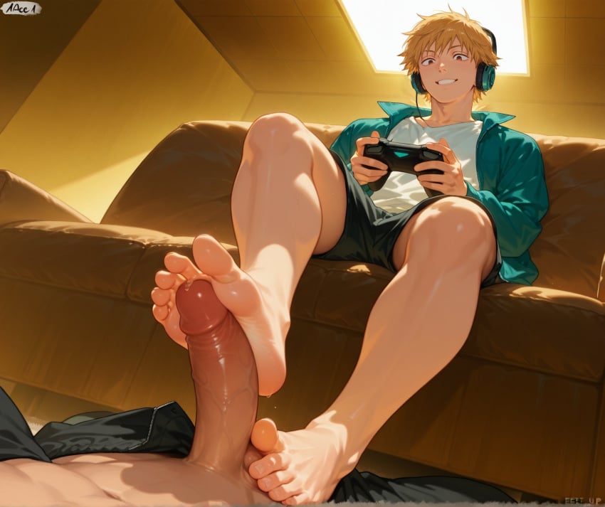 1ace1 2boys ai_generated chainsaw_man denji_(chainsaw_man) footjob gay headphones legs male_only penis precum veiny_penis yaoi