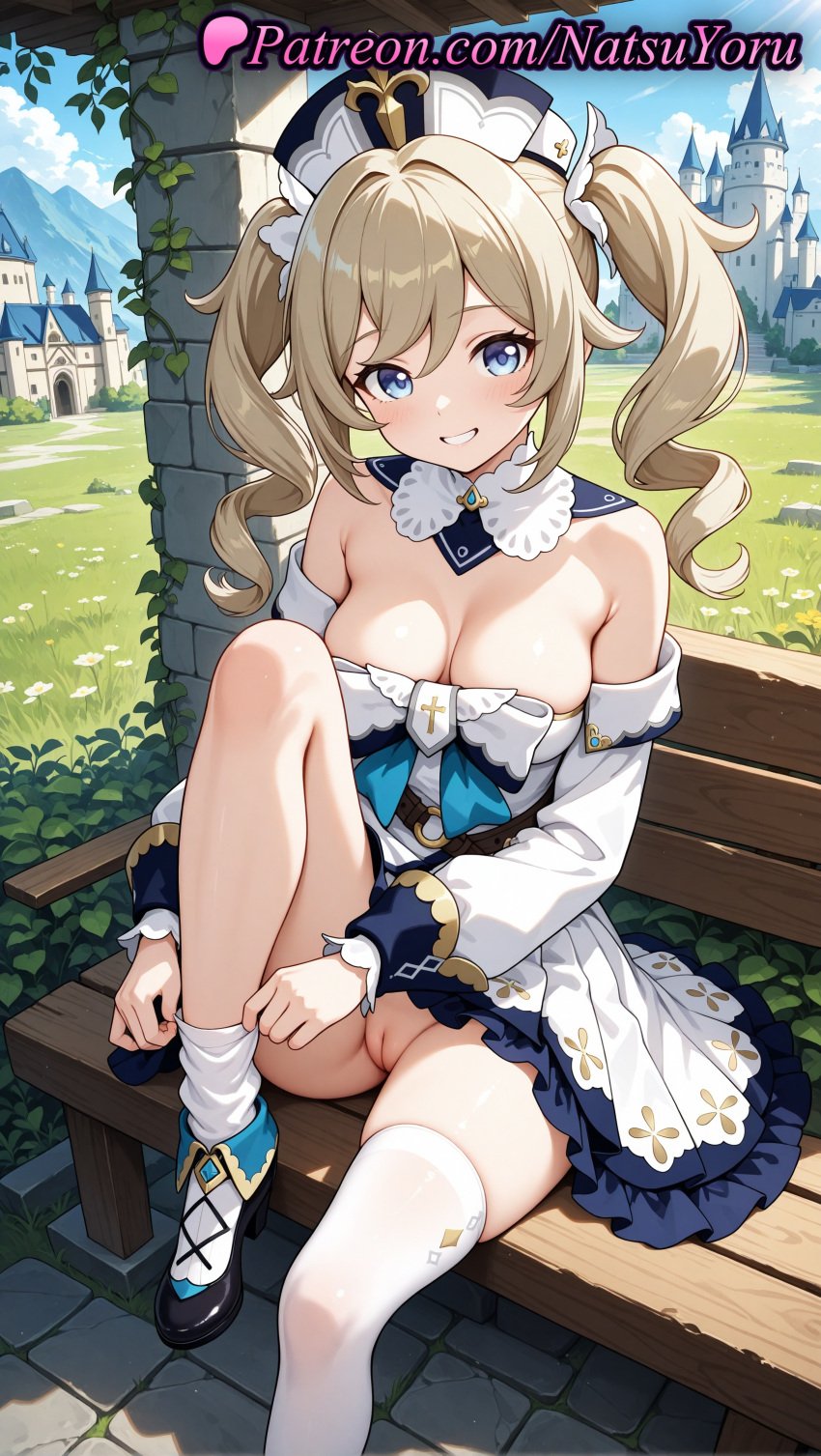 1girls 2025 adjusting_legwear ai ai_assisted ai_generated anime anime_style bangs barbara_(genshin_impact) bare_shoulders bench black_footwear blonde_hair blue_eyes blue_sky blush bow breasts bust busty castle cleavage cleft_of_venus clothes_pull clothing cross day detached_collar detached_sleeves dress drill_hair female female_focus female_only foot_out_of_frame frilled_dress frills genshin_impact grass grin hat hentai hi_res high_quality high_resolution highres hoyoverse knee_up large_breasts latin_cross legwear long_hair long_sleeves looking_at_viewer medium_breasts mihoyo mihoyo_technology_(shanghai)_co._ltd. natsuyoru no_panties nopan on_bench outdoors paipan patreon puffy_long_sleeves pussy shoes single_thighhigh sitting sitting_on_bench sky smile solo solo_female spread_legs stable_diffusion strapless strapless_dress thighhighs thighs tied_hair twin_drills twintails uncensored vagina voluptuous voluptuous_female white_dress white_headwear white_legwear white_sleeves white_thighhighs