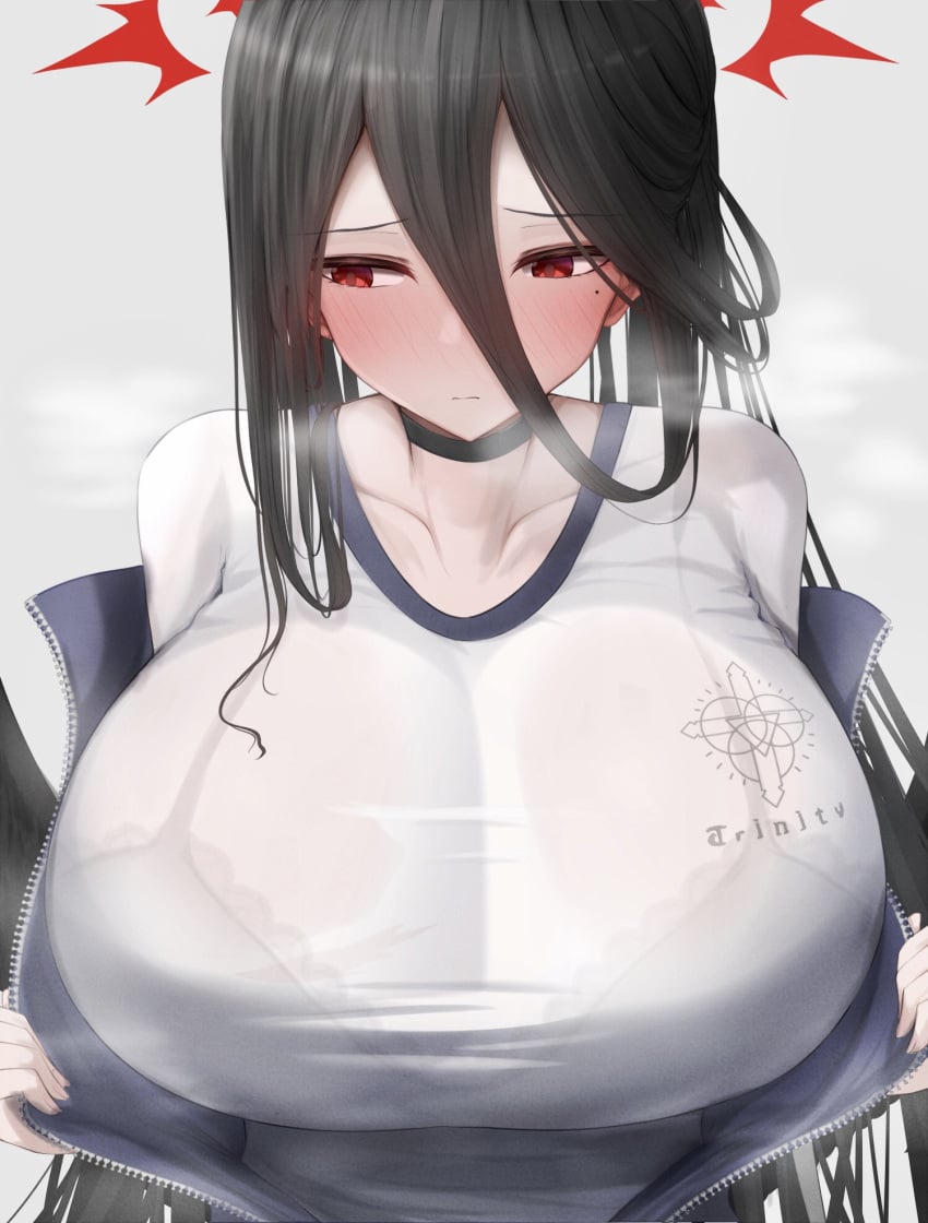 1girls black_bra black_hair blue_archive blush bra breast_focus breasts breasts_bigger_than_head busty choker cleavage clothed clothing collarbone embarrassed_clothed_female enormous_breasts female female_focus female_only gigantic_breasts gym_clothes gym_uniform hair_between_eyes halo hasumi_(blue_archive) hasumi_(gym_uniform)_(blue_archive) huge_breasts large_breasts long_hair looking_to_the_side massive_breasts metae mole mole_under_eye open_jacket red_halo see-through see-through_clothing see-through_shirt shirt simple_background solo steam steaming_body top_heavy top_heavy_breasts upper_body voluptuous voluptuous_female white_shirt