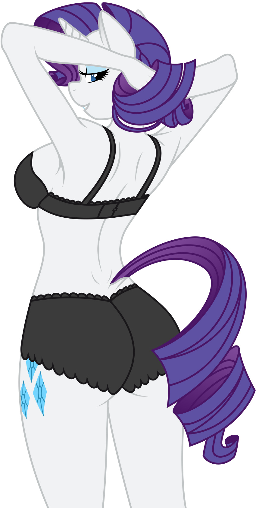 anthro back_view bra clothes color eyeshadow female female_only flat_colors friendship_is_magic fur furry grey_fur hair hands_behind_head horn looking_back my_little_pony open_eyes panties pointy_ears purple_hair rarity_(mlp) sirhcx smile smooth_skin solo standing tail