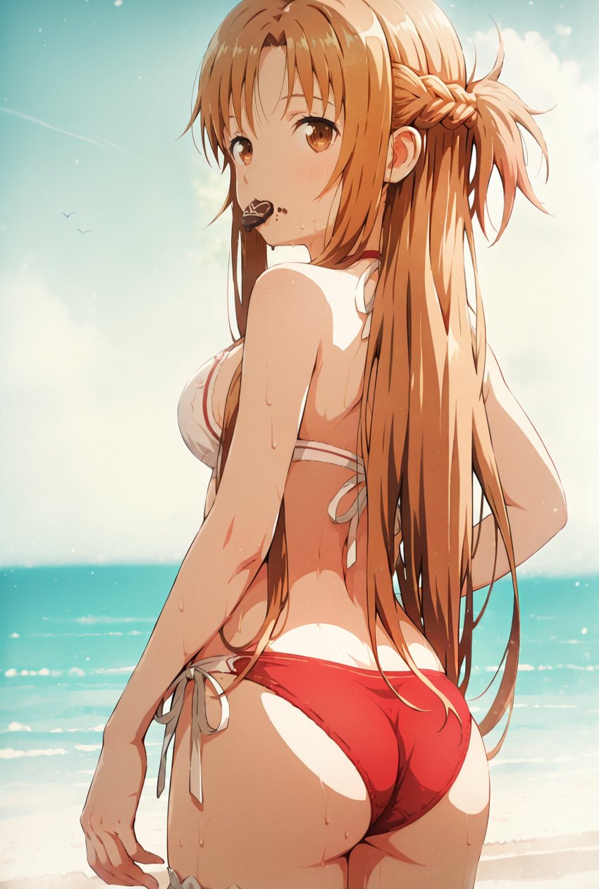 ai_generated ass asuna_(sao) beach brown_eyes brown_hair female solo spasibo15 swimsuit sword_art_online yuuki_asuna