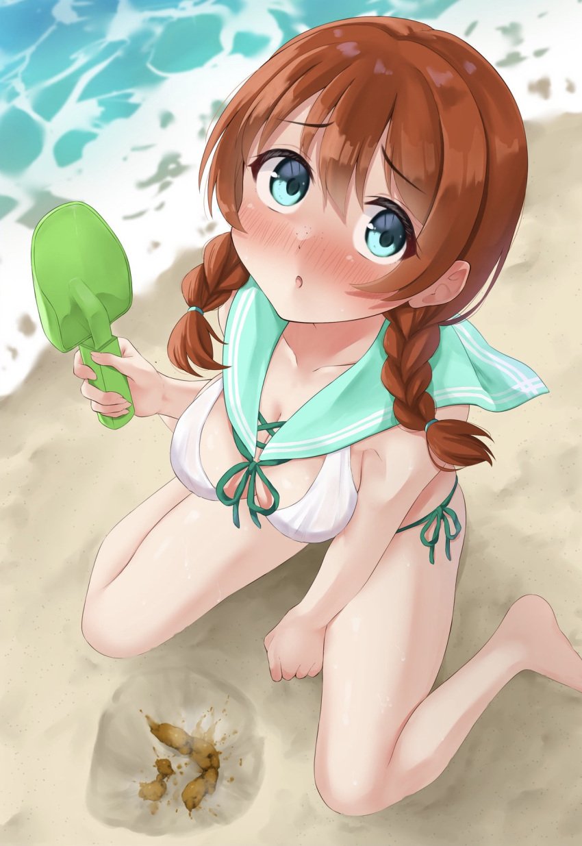 1girls after_pooping aqua_eyes beach bikini blush brown_hair cleavage emma_verde hole large_breasts looking_at_viewer looking_up love_live! love_live!_nijigasaki_high_school_idol_club oooesonitn outdoors sand scat shit shovel swimsuit twin_braids water