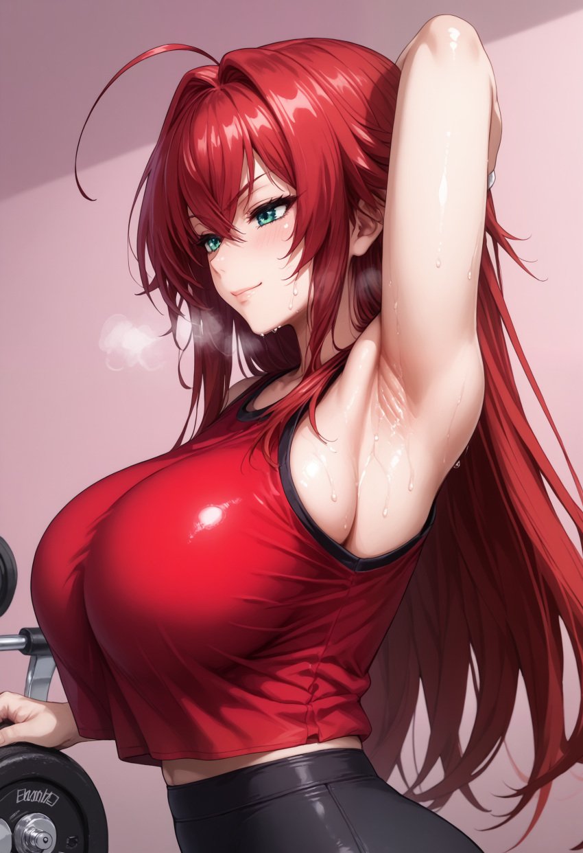 1girls ahoge ai_generated armpit_fetish armpits bare_shoulders big_ass big_breasts big_butt big_hips cleavage curvy female female_only fit_female gym hand_up high_school_dxd huge_breasts indoors kikia1 long_hair presenting_armpit red_hair rias_gremory steamy steamy_breath sweat sweatdrop t-shirt tagme tagme_(artist) wet_body wet_pussy yoga_pants