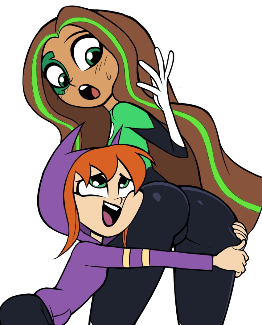 2girls ass ass_grab barbara_gordon batgirl big_ass blush color_edit colored dark-skinned_female dark_skin dc dc_comics dc_super_hero_girls female female_only green_lantern jessica_cruz latina light-skinned_female light_skin mangamaster paintmeanon thick_thighs yuri