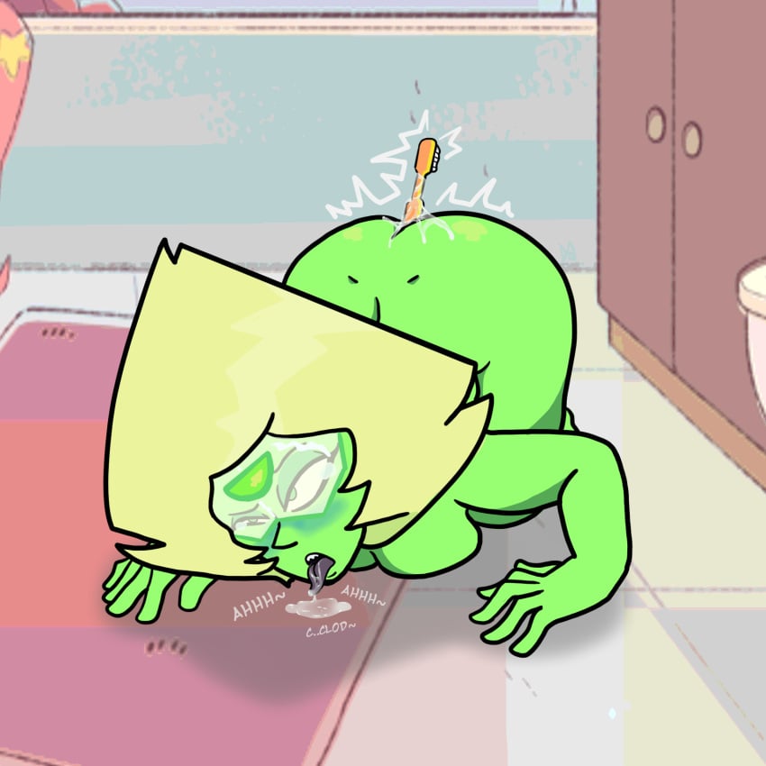 ablazemosquit0 alien_girl annoyed ass_up bathroom bent_over cum cum_in_ass cum_in_mouth eyes_rolling_back green_eyes green_skin on_floor peridot_(gem) peridot_(steven_universe) pussy speech_bubble steven_universe talking_to_viewer tears tears_of_pleasure tongue_out toothbrush