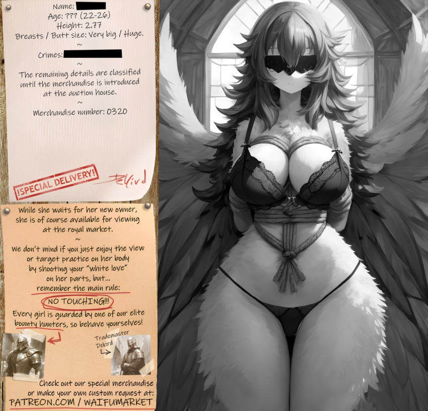 ai_generated anime big_breasts big_breasts big_breasts bondage bondage bounty_hunters bra covered_eyes edited fantasy feathers female fictional harpy lingerie market naked nude panties photoshop roleplay slave slavegirl slavery special waifu