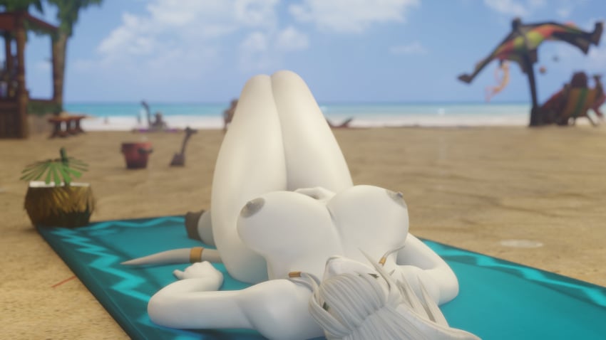 3d beach big_breasts blizzard_entertainment draenei elly_(draenei) female_only horns laying_down morilymory nude original_character solo thick_thighs voluptuous voluptuous_female warcraft white_hair white_skin wide_hips world_of_warcraft