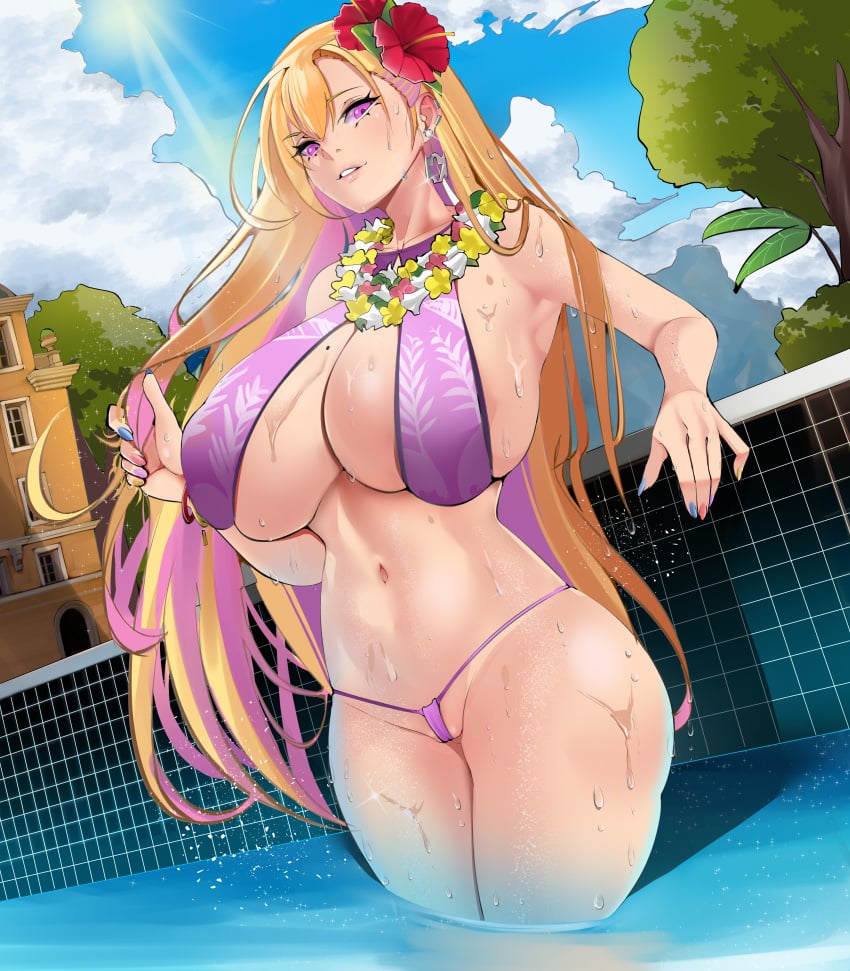 ai_generated bikini boryeon_(last_origin) dutch_angle flower_in_hair flower_wreath huge_breasts last_origin lips nail_polish painted_nails partially_submerged sunlight swimming_pool swimsuit thong