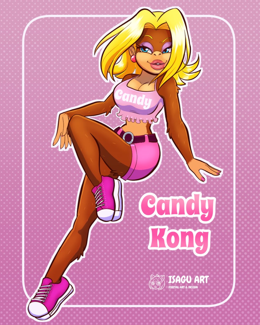 1girls anthro banana big_ass big_breasts blonde_hair blue_eyes booty_shorts candy_kong donkey_kong_(series) earrings eyelashes eyeshadow hi_res huge_breasts isagu_art lipstick mascara nintendo pink_nails pinup primate seductive seductive_look shoes sneakers tank_top thick_thighs video_games