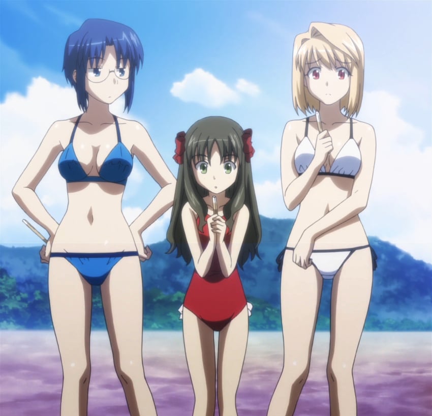 3girls arcueid_brunestud arima_miyako beach bikini blonde_hair blue_bikini blue_eyes blue_hair breasts brown_hair carnival_phantasm ciel_(tsukihime) cleavage glasses green_eyes hair_ribbon hands_on_own_hips highres large_breasts legs long_hair looking_down melty_blood multiple_girls navel one-piece_swimsuit own_hands_together red_eyes ribbon screencap screenshot short_hair small_breasts stitched swimsuit thighs third-party_edit tsukihime unamused white_bikini