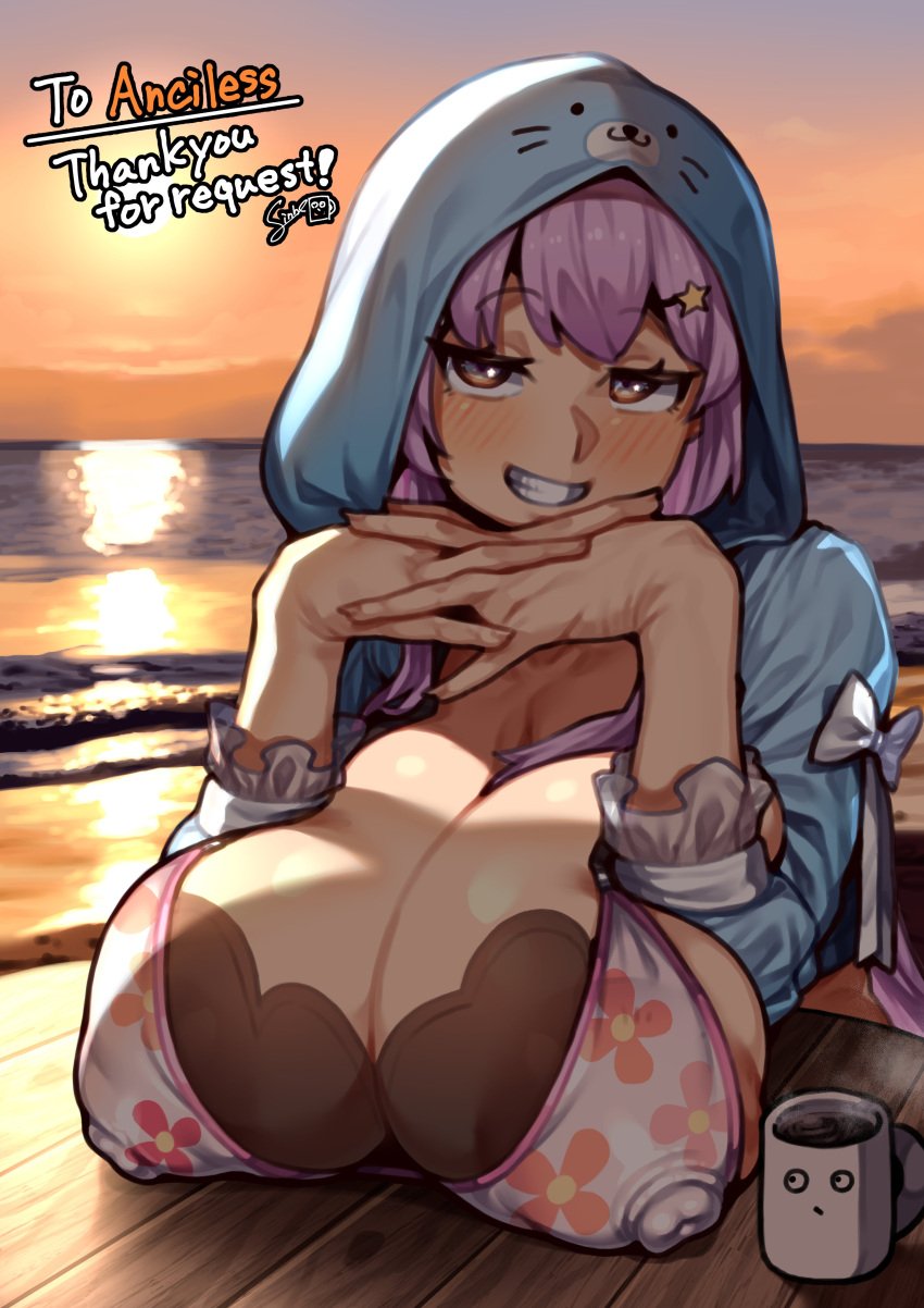 1girls beach bikini blush breasts cleavage date eyebrows_visible_through_hair female female_only hood_up hoodie huge_breasts ikumi_nasai indie_virtual_youtuber light-skinned_female light_skin mug nipple_bulge outside purple_hair request sinbo_coffee_(coffeesinbo68) solo swimsuit table virtual_youtuber yellow_eyes