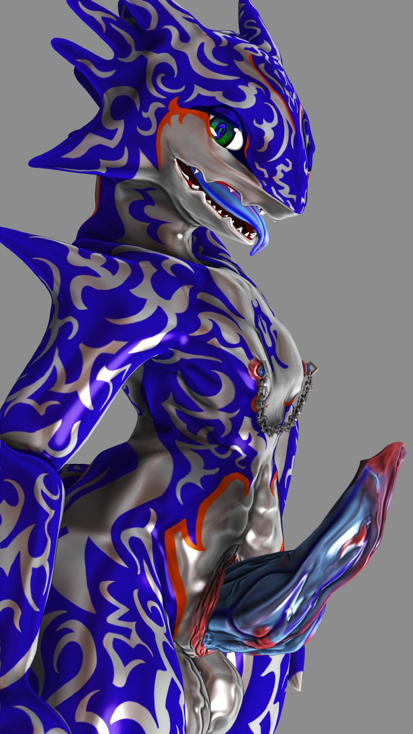 3d_(artwork) absurd_res balls big_balls big_penis blue_penis blue_tits blue_tongue bodily_fluids digital_media_(artwork) dragon dragonewt furry genital_fluids genitals green_eyes hi_res male nipple_piercing nipples penis piercing precum purple_body purple_skin randrana sdx3 solo tattoo tattoo_on_legs tongue tongue_out