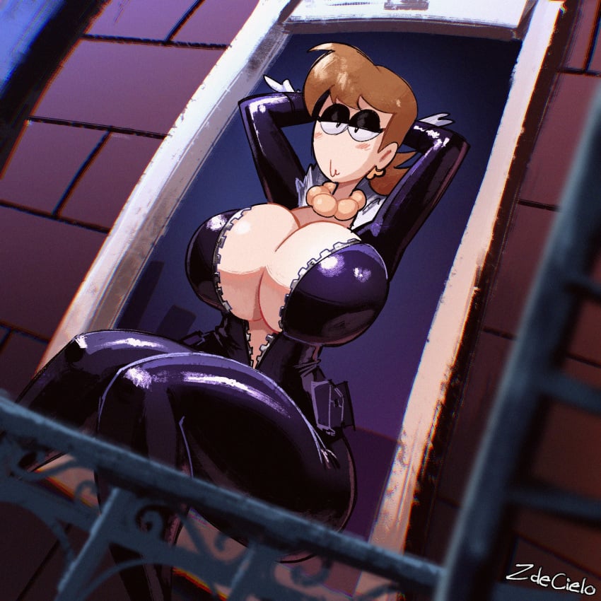 1girls 2024 black_cat_(cosplay) cleavage collar cosplay costume hands_behind_head hourglass_figure jaune_(spooky_month) large_breasts latex latex_suit sitting spooky_month sr_pelo thick_thighs zdecielo zipper zipper_pull_tab