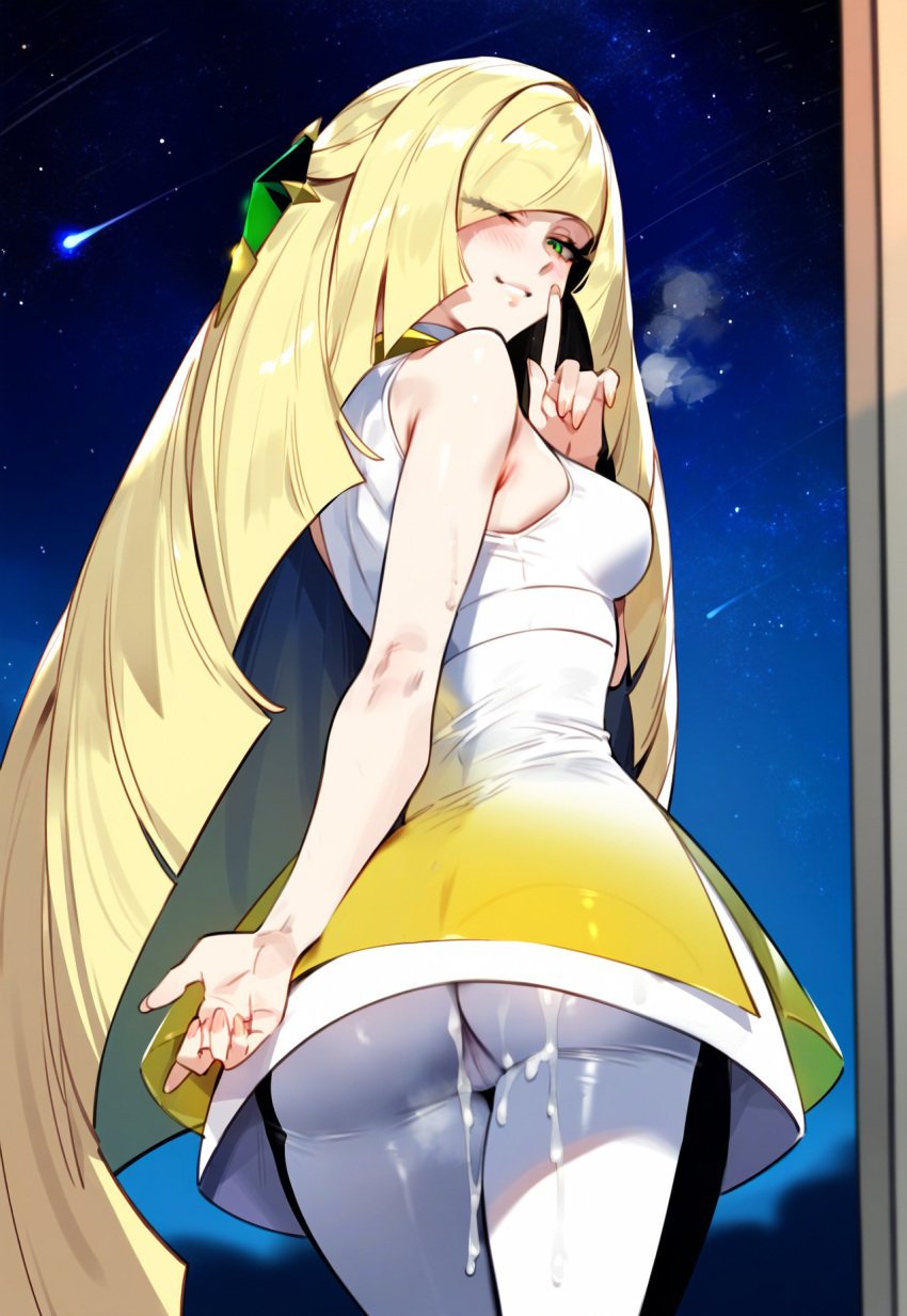 1girls ai_generated artist_request blonde_hair cum cum_on_lower_body cum_outside green_eyes labelle lusamine_(pokemon) milf pokemon