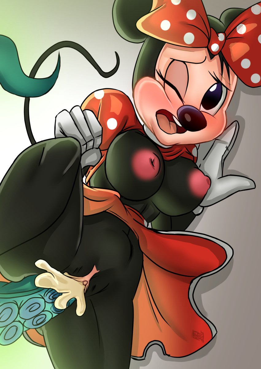 absurd_res accessory anthro big_breasts breasts clothed clothing darkfang100 disney female gloves hair_accessory handwear hi_res mammal mature_(disambiguation) minnie_mouse monster mouse murid murine orgasm penetration rodent solo tentacle