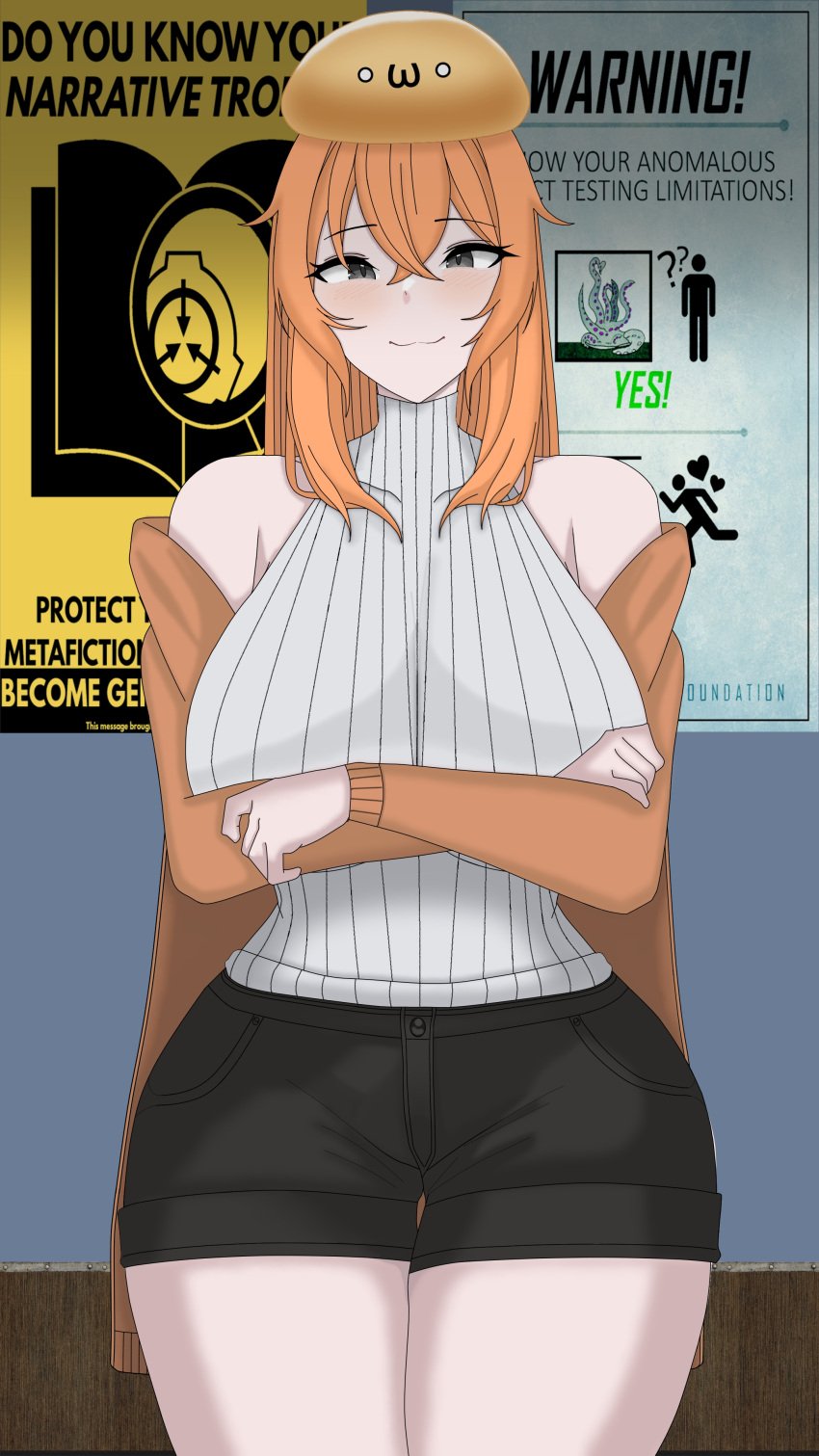 1girls big_breasts black_eyes breasts hair long_hair looking_at_viewer orange scp-999 scp_foundation shorts slime slime_girl smile solo