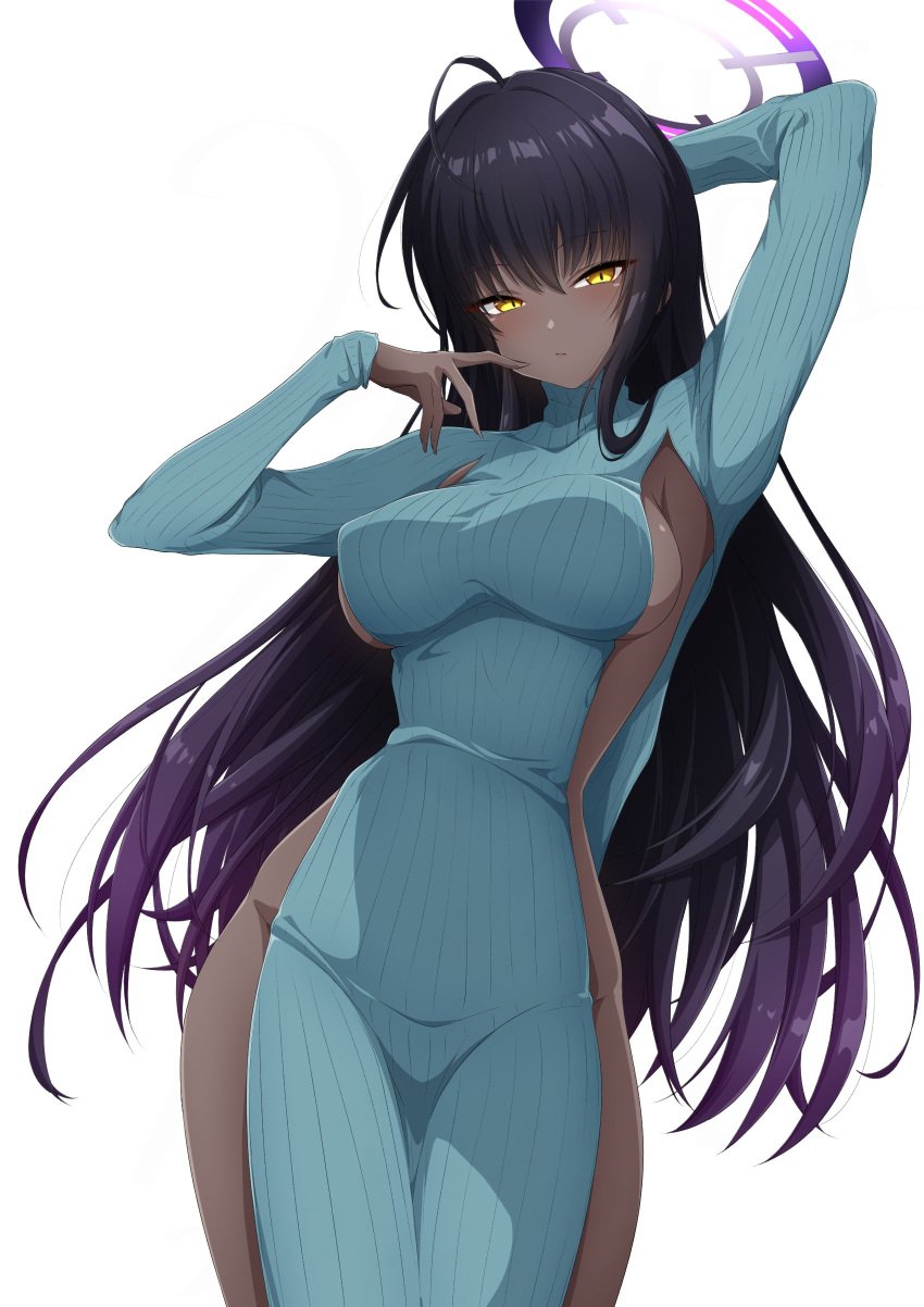 absurdres ahoge alternate_costume arm_behind_head arm_up armpits black_hair blue_archive blue_sweater blush breasts closed_mouth commentary covered_nipples cowboy_shot dark-skinned_female dark_skin female gradient_hair groin halo highres impossible_clothes karin_(blue_archive) large_breasts long_hair long_sleeves looking_at_viewer meme_attire multicolored_hair nishizuki_shino no_bra no_panties pelvic_curtain purple_hair purple_halo revealing_clothes ribbed_sweater side_slit sideboob simple_background solo sweater turtleneck turtleneck_sweater very_long_hair virgin_killer_sweater white_background