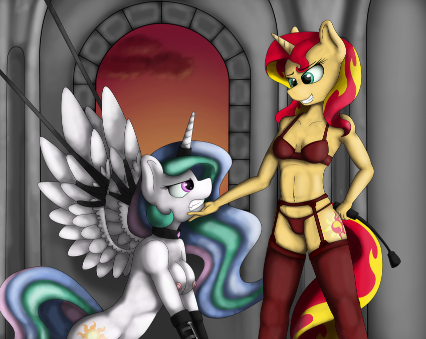 alicorn anthro bondage breasts cutie_mark domination equine female femdom friendship_is_magic horn mammal my_little_pony nipples princess_celestia princess_celestia_(mlp) sunset_shimmer unicorn wings