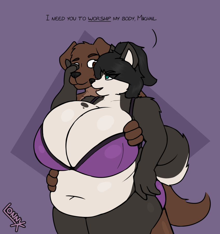 anthro belly belly_overhang belly_squish big_breasts bird_dog bra breast_squish breasts canid canine canis cleavage clothed clothing domestic_dog duo english_text female hi_res holding_partner holding_partner&#039;s_head huge_breasts hunting_dog husky kayla_(lonnyk) labrador lonnyk male male/female mammal mik_(lonnyk) nordic_sled_dog overweight overweight_female panties retriever spitz squish text underwear