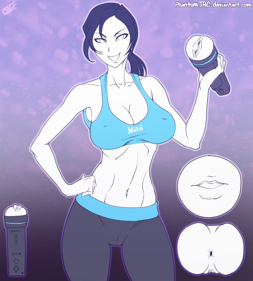 1girls abs anus artificial_vagina ass black_hair cleavage erect_nipples female female_only flashlight navel nintendo phantomjac ponytail pussy sex_toy smile solo standing tank_top text tied_hair white_skin wii_fit wii_fit_trainer