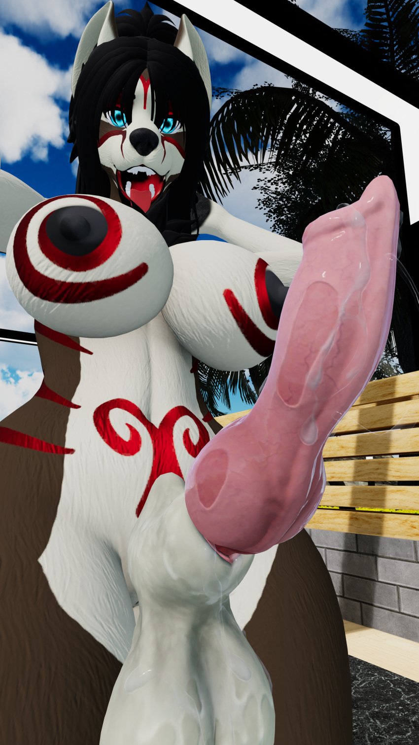 3d big_balls blue_eyes body_markings canine_penis cum futanari hand_behind_head knot large_breasts long_hair looking_at_viewer self_upload sheath solo tongue_out vrchat