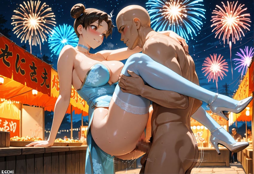 ai_generated blaidd_(artist) chinese_clothes chinese_new_year clothed_female_nude_male clothed_sex clothing_lift fireworks high_heels naruto naruto_(series) naruto_shippuden pussy_juice standing_sex stockings sweat sweatdrop sweaty_body sweaty_breasts sweaty_butt tenten