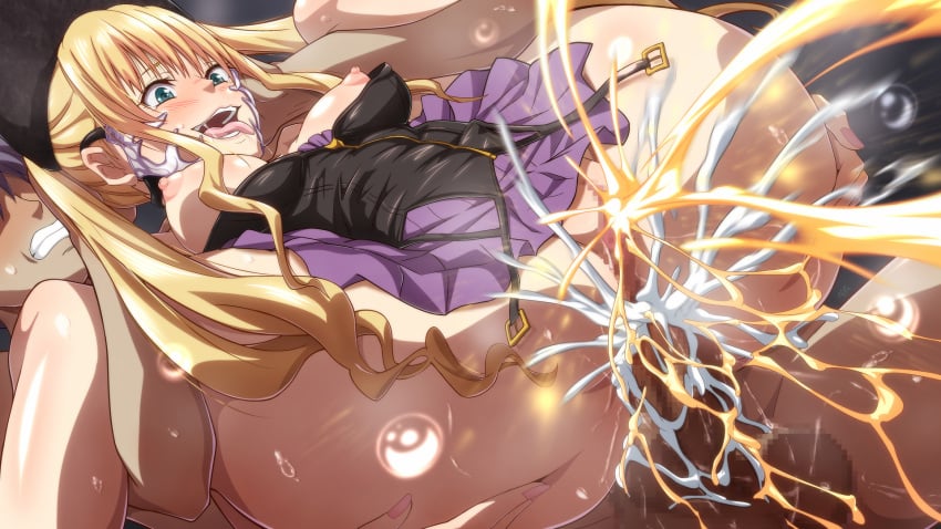 1boy 1girls alternate_version_available anal anal_sex blonde_female blonde_hair blush bottomless breasts breasts_out code_vein corset cum cum_explosion cum_in_ass cum_inside droplets fucked_silly full_nelson genital_fluids gritted_teeth kinomiya_litata legs_apart legs_up looking_down looking_down_at_genitalia mia_karnstein nipples peeing peeing_during_sex pink_nipples pleasure_face purple_skirt pussy saliva skirt small_breasts tongue tongue_out twintails