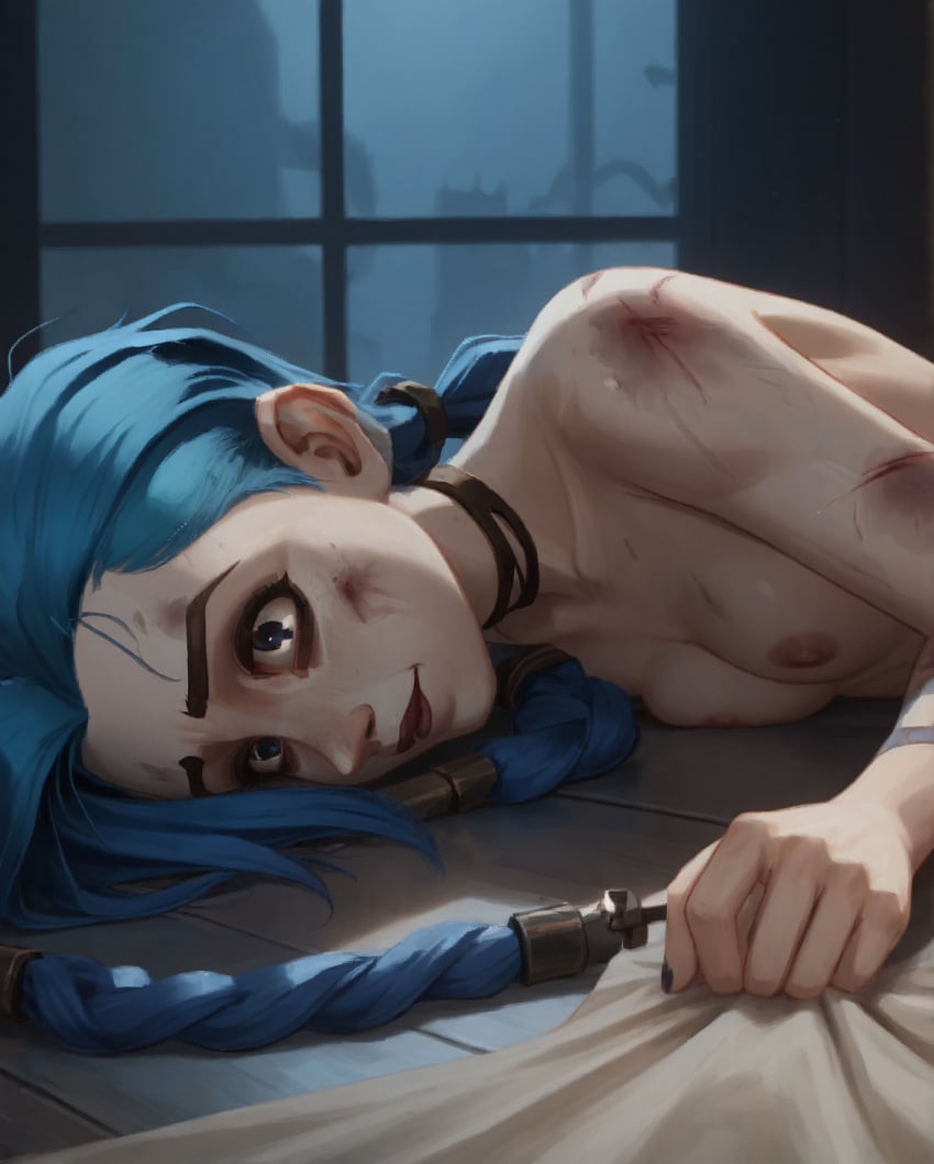 ai_generated arcane beaten blue_hair boob_squish braid breasts breasts_out bruises exhausted female female_only flat_chest jinx_(arcane) jinx_(league_of_legends) laying_down league_of_legends light-skinned_female light_skin long_hair lying lying_down naked naked_female nipples nude_female open_eyes small_breasts smile yurimindy