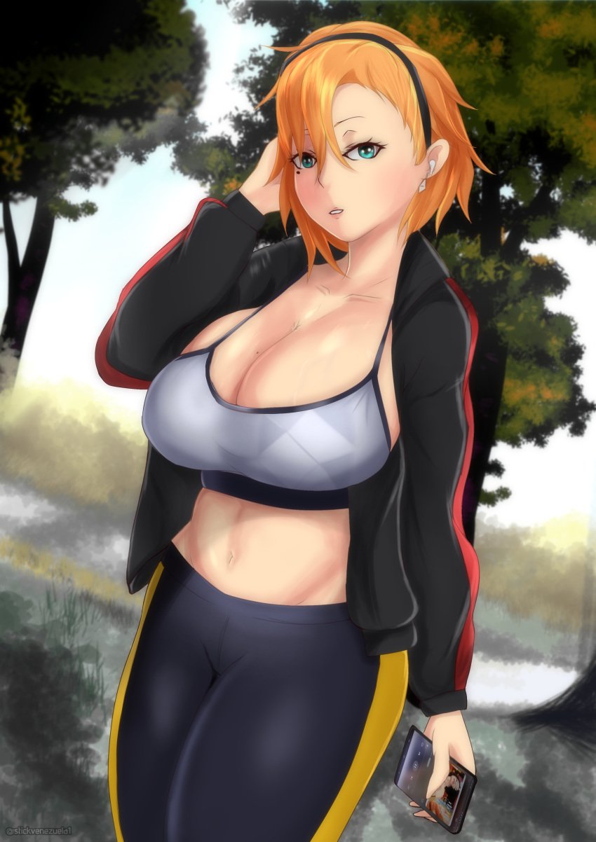 1girl absurdres black_pants breasts cellphone cleavage cowboy_shot earbuds earphones hand_up highres holding holding_phone huge_breasts jacket liselotte_meier_(stickvenezuela) looking_at_viewer midriff navel original original_character outdoors pants phone short_hair skindentation smartphone solo sports_bra stickvenezuela sweat tree wireless_earphones