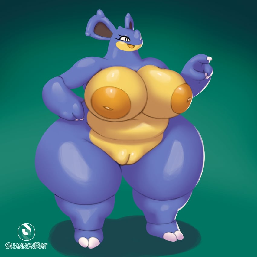 2_toes absurd_res anthro areola artist_name big_areola big_breasts big_nipples black_eyes black_inner_ear blue_body blue_ears blue_skin breasts claws countershading eyelashes feet female generation_1_pokemon genitals hand_on_hip hi_res huge_areola huge_breasts huge_nipples huge_thighs innie_pussy inverted_nipples long_ears nidoqueen nintendo nipples open_mouth open_smile orange_areola orange_nipples orange_tongue pokemon pokemon_(species) pussy shannon_rat slightly_chubby slightly_chubby_female smile solo text thick_thighs toe_claws toes tongue watermark wide_hips yellow_body yellow_countershading yellow_skin