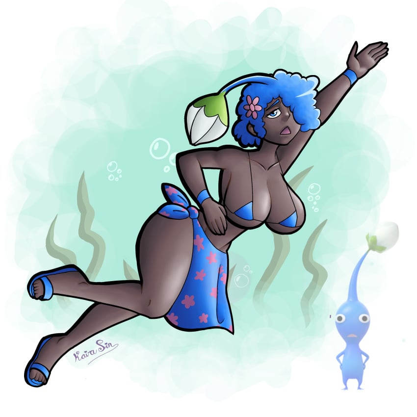 1girls barely_clothed barely_contained_breasts big_ass big_breasts blue_clothing blue_eyes blue_hair blue_pikmin dark-skinned_female dark_skin female humanized kairasin micro_bikini nintendo pikmin reference_image sad solo swimming swimsuit thick_thighs underwater