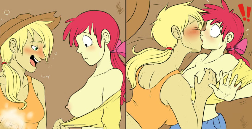 2girls age_difference apple_bloom_(mlp) applejack_(mlp) blush breasts cartoonlion comic cowboy_hat drunk farmer farmgirl female friendship_is_magic grope hat human humanized incest kissing my_little_pony sibling sisters surprise_kiss surprised teenager yuri