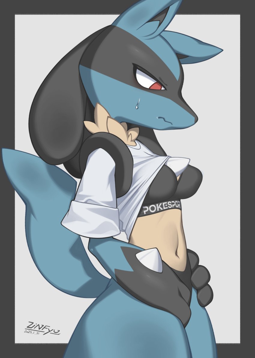 2025 3_fingers absurd_res anthro blue_body blue_fur blue_tail bra breasts canid chest_spike clothed clothed_anthro clothed_female clothing clothing_lift countershading female fingers fur generation_4_pokemon hi_res looking_down lucario mammal navel nintendo pokemon pokemon_(species) red_eyes shirt shirt_lift simple_background small_breasts solo spikes spikes_(anatomy) tail tan_body tan_countershading topwear underwear zinfyu