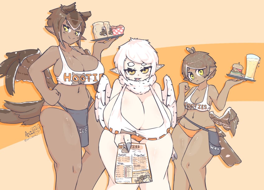 3girls ari_birb big_breasts dark-skinned_female dark_skin feathered_wings feathers female female_only food harpy hooters hooters_(parody) hooters_uniform menu orange_panties pale-skinned_female pale_skin panties pointy_ears waitress white-skinned_female white_skin wings yellow_eyes