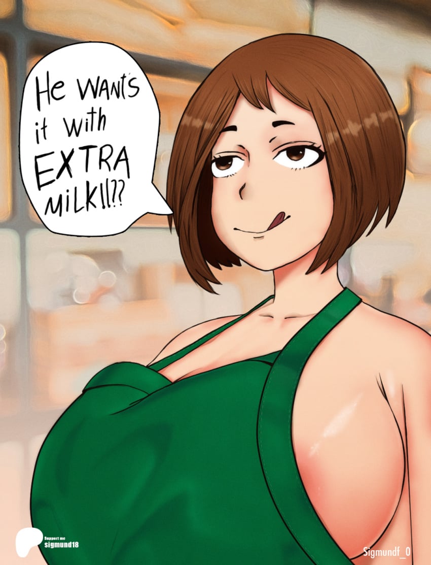 big_breasts boku_no_hero_academia boots breasts coffee my_hero_academia ochako_uraraka sigmund_f0