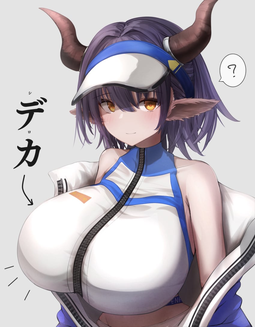 1girls ? arknights bare_shoulders blush blush breasts breasts_bigger_than_head cleavage clothed clothed_female clothing cow_ears cow_horns female female_focus female_only horns huge_breasts jacket large_breasts looking_at_viewer metae midriff official_alternate_costume open_jacket purple_hair question_mark short_hair sideroca_(arknights) sideroca_(light_breeze)_(arknights) simple_background solo swimsuit top_heavy top_heavy_breasts upper_body visor_cap yellow_eyes zipper