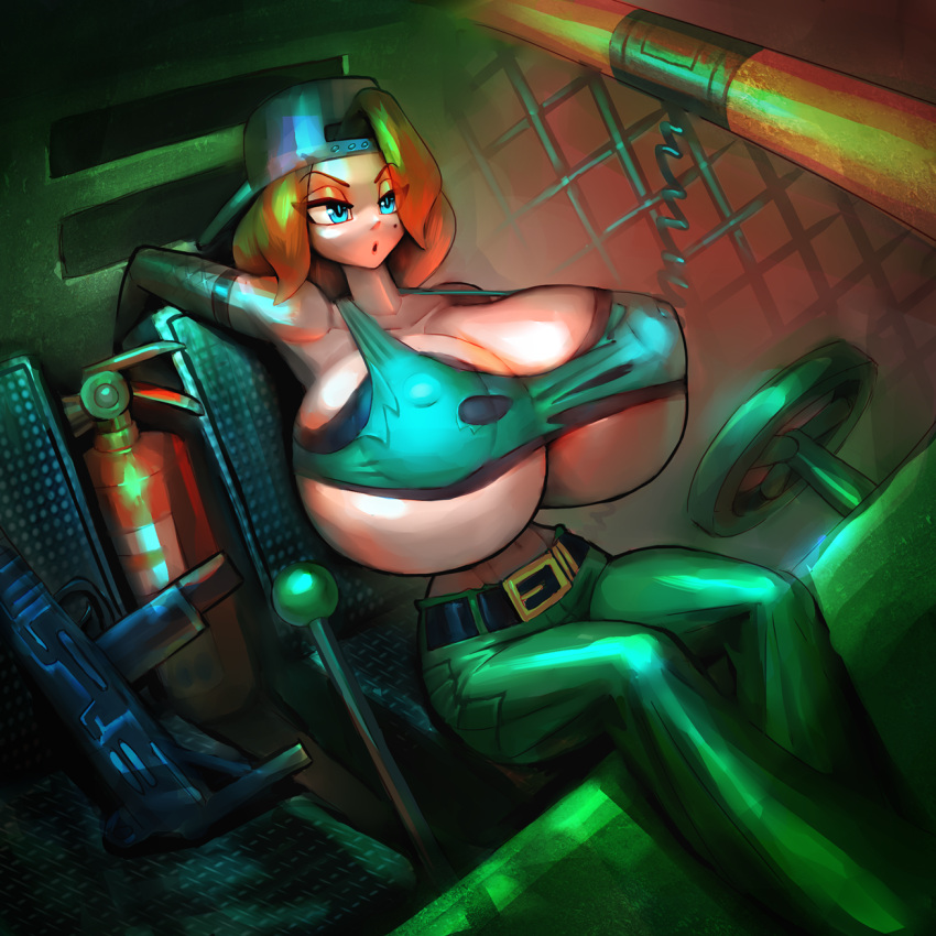 1girls big_breasts blue_eyes breasts cap erect_nipples_under_clothes female female_only green_shirt heart-shaped_pupils hi_res huge_breasts krista_sparks large_breasts looking_at_viewer navel nipples noonun open_clothes red_hair short_hair sony_interactive_entertainment twisted_metal twisted_metal:_head-on twisted_metal_2