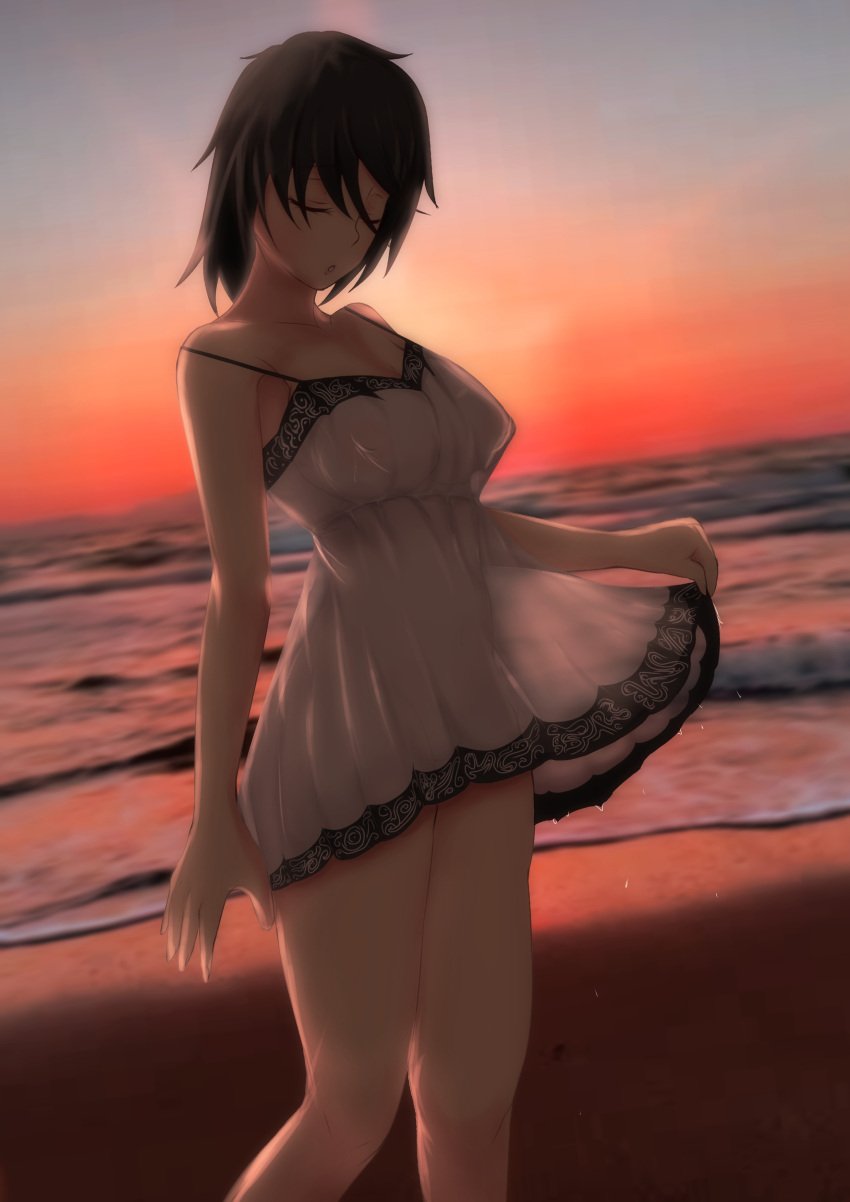 1girl beach dress huge_breasts original original_character solo stickvenezuela tomboy transparent_clothing wide_hips yukihana_amano_(stickvenezuela)