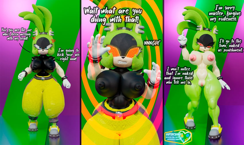 2023 3_panel_comic 3d_(artwork) abs afrosoricid angry anthro belt big_breasts black_clothing black_shirt black_tank_top black_topwear blender_(artwork) bottomwear breasts clothing comic cross-popping_vein curvy_figure dialogue digital_media_(artwork) ear_piercing erect_nipples female footwear genitals gloves handwear hourglass_figure hourglass_figured_anthro hourglass_figured_female huge_breasts hypnosis idw_publishing mammal mind_control nipple_outline nipples nude nude_anthro nude_female pants personality_change piercing pussy sega sequence sharp_teeth shirt shoes sonic_the_hedgehog_(comics) sonic_the_hedgehog_(idw) sonic_the_hedgehog_(series) spiral spiral_eyes supercasket surge_the_tenrec tank_top teeth tenrec text tight_clothing topwear white_clothing white_gloves white_handwear wide_hips