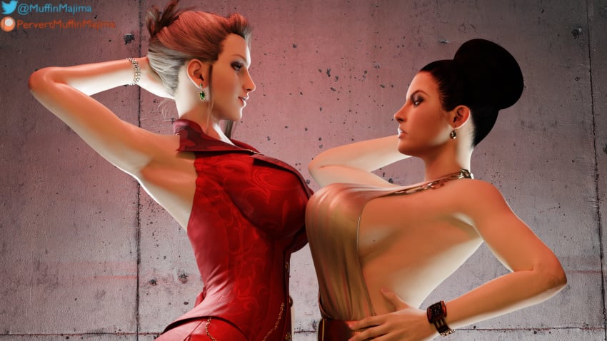 2girls 3d black_hair blonde_hair boob_press bracelet breasts_against_breasts cleavage clothed_female clothing crossover earrings excella_gionne female female_only final_fantasy final_fantasy_vii final_fantasy_vii_remake high_resolution highres looking_at_another pervertmuffinmajima resident_evil resident_evil_5 scarlet_(ffvii) tight_dress