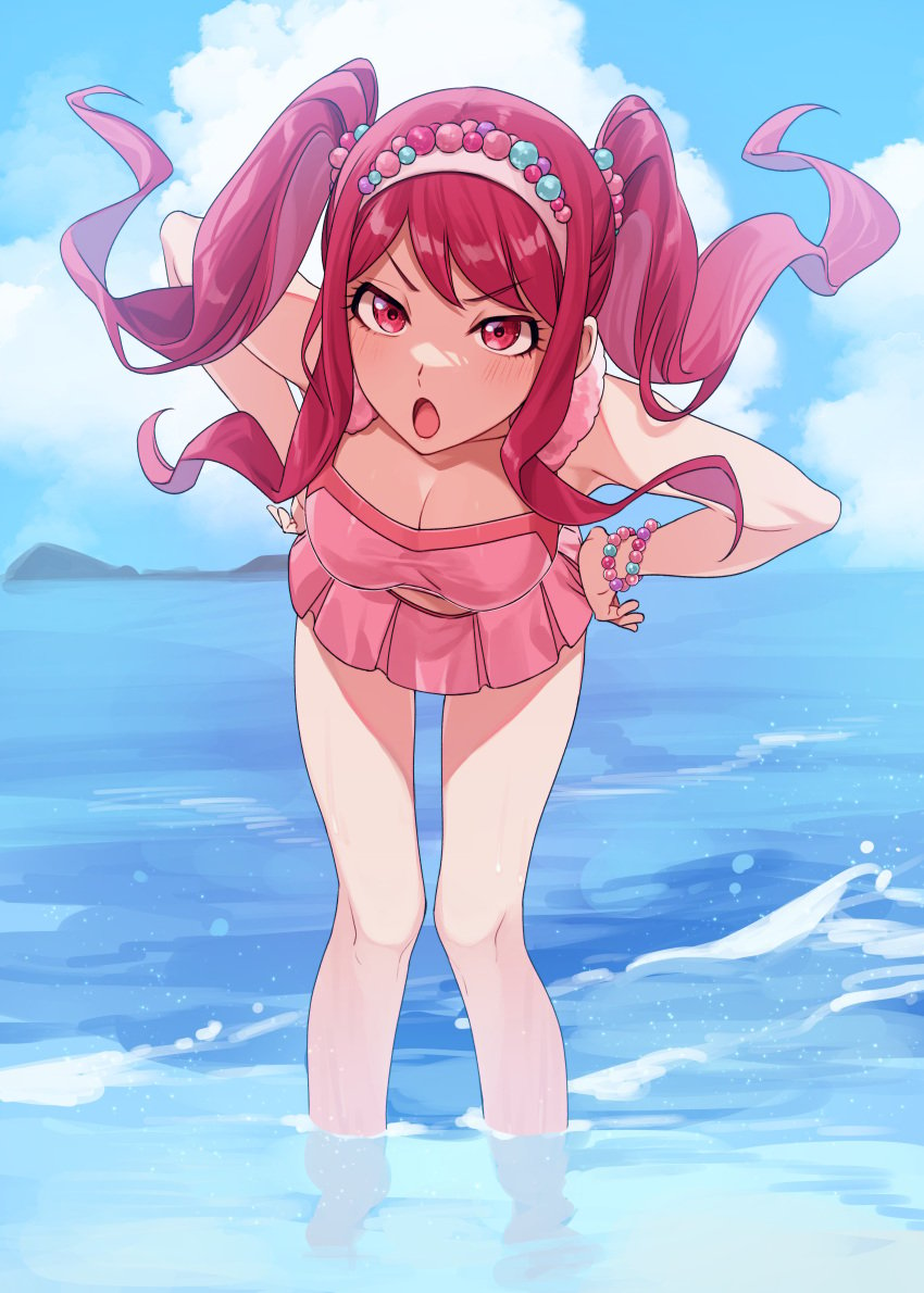 bare_arms bare_legs bare_shoulders bare_thighs bikini bleach bracelet breasts cleavage dokugamine_riruka hairband hands_on_own_hips long_hair medium_breasts ocean onimoti outdoors pink_bikini purple_hair thighs twintails wading water